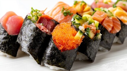 A vibrant assortment of sushi rolls featuring various fish and toppings.