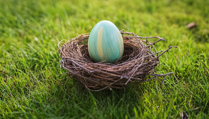 Obraz premium Painted Easter egg in small nest on green grass lawn. Happy holiday. Festive composition.