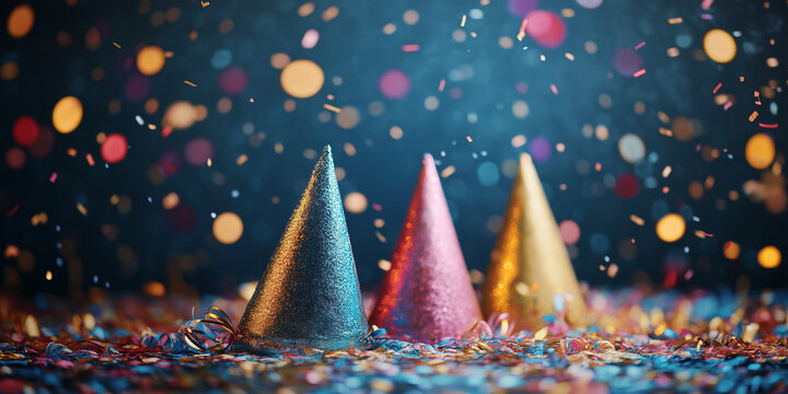 Celebration party hats festive event colorful decoration vivid environment close-up view joyous atmosphere