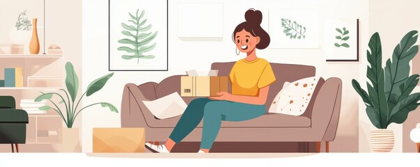 Young hispanic female unboxing package in stylish living room with greenery decor