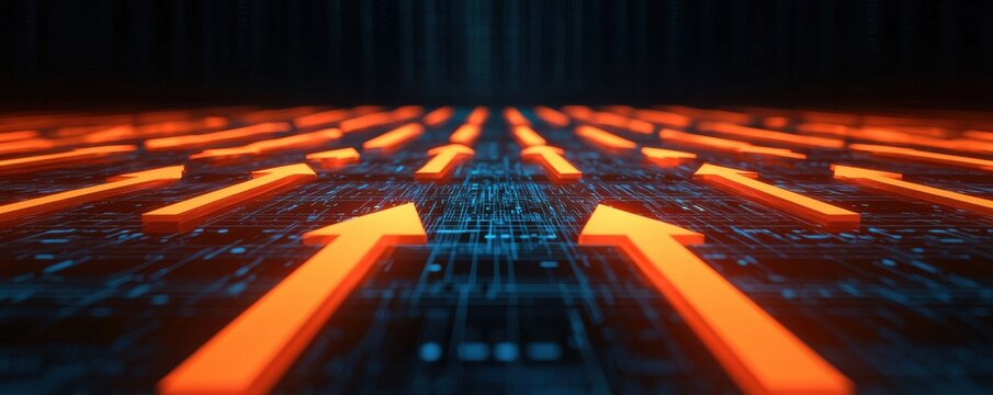 A futuristic scene featuring glowing orange arrows on a digital surface, symbolizing progress and direction in technology.