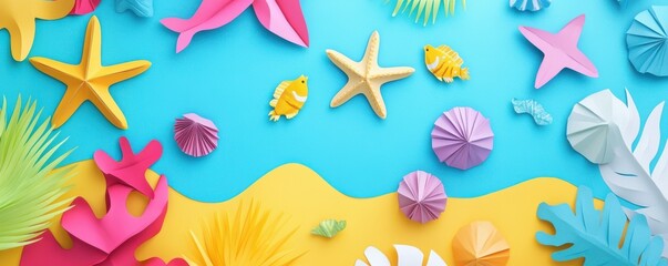 Fototapeta premium Vibrant paper craft ocean scene with starfish and fish decor