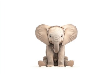 Adorable baby elephant sitting playfully in a bright, minimalistic environment with soft lighting