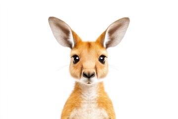 Naklejka premium Close-up portrait of a young kangaroo with large ears and expressive eyes against a plain white background