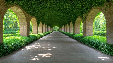 Obraz premium Ivy-covered archway pathway in a garden. Peaceful stroll, green foliage, sunlight. Use Relaxation, travel brochures