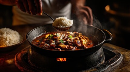 Fototapeta premium A chef serves rice over a steaming dish in a skillet, creating a delicious meal.