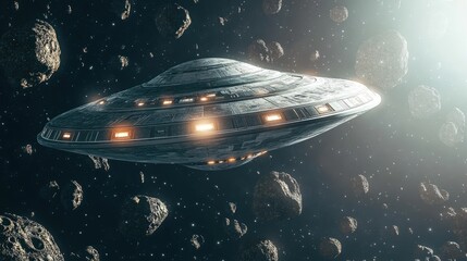 Obraz premium Spaceship Navigating An Asteroid Field In Space