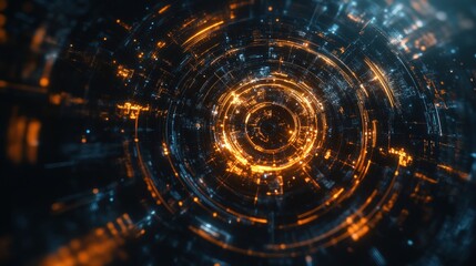 Fototapeta premium Abstract digital vortex with glowing orange and blue elements, representing technology and data flow.