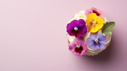 Obraz premium A beautifully decorated cupcake topped with colorful edible flowers against a pink background.