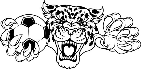 A jaguar, panther, leopard or cheetah wildcat spotted cat soccer football sports team mascot holding a ball © Christos Georghiou