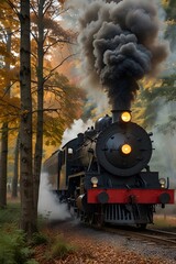 Naklejka premium Steam locomotive travels through vibrant autumn forest, creating a nostalgic atmosphere amidst colorful leaves