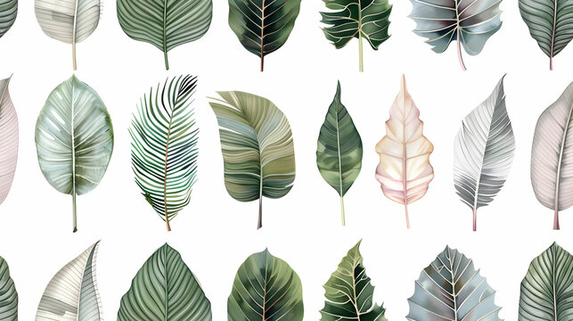 A collection of various leaves in different shapes and colors on a white background.