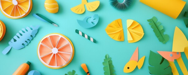 Colorful paper craft fruits and leaves on a turquoise background