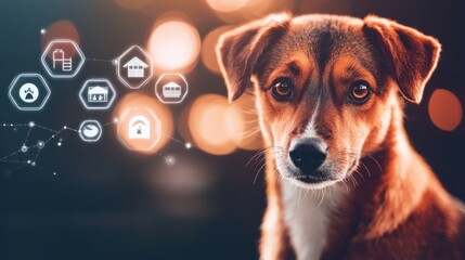 A dog with digital icons representing pet care and services.