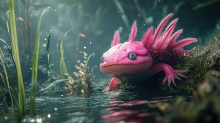 A Pink Axolotl with feathery gills in a watery habitat with aquatic plants and mossy rocks
