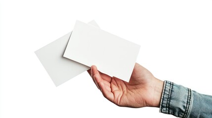 Obraz premium A hand holding two blank cards against a white background.