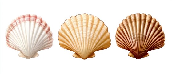 Three colorful scallop shells displayed side by side.