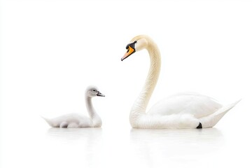 Fototapeta premium Elegant swan and cygnet swimming together in serene white background, showcasing family bond and tranquility