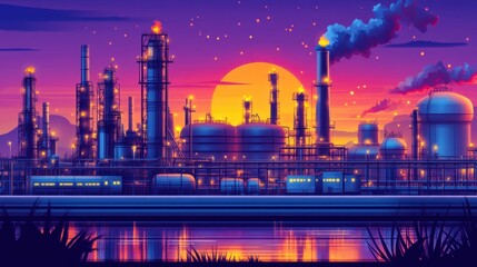 Fototapeta premium Industrial Refinery Sunset Landscape Silhouette