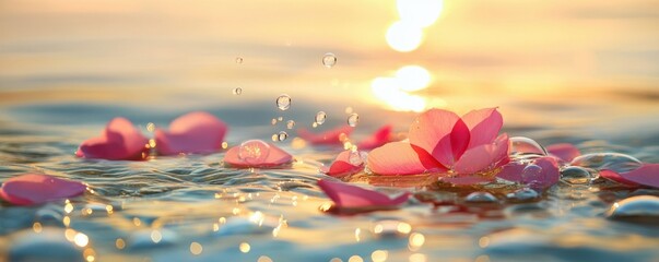 Pink lotus petals floating on sunlit water with reflections and droplets at sunset