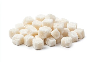 A pile of white sugar cubes arranged on a white background.