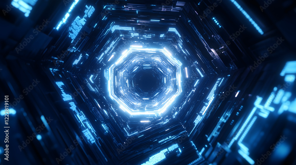 Fototapete Hexagonal Blue Wave of Particles and Lines Representing Big Data