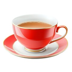 Fototapeta premium A red teacup and saucer with gold trim holds a cup of tea