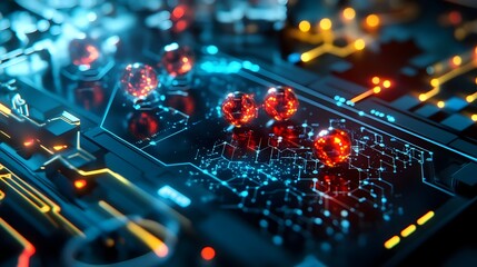 Abstract Futuristic Technology Background Red Blue Neon Glowing Circuit Board Digital Network Sphere Innovation Science Data Cyberpunk Style Modern   