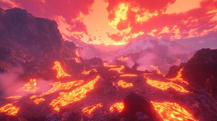 Fototapeta premium Volcanic Landscape Sunset Lava Flowing Mountains