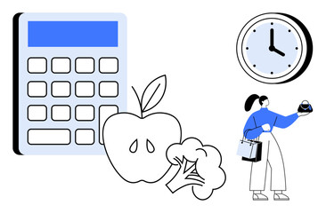 Large calculator, apple, and broccoli, clock showing time, woman holding food and shopping bags. Ideal for diet planning, healthy eating, time management, nutrition education grocery budgeting meal
