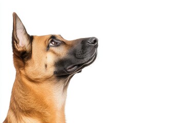 Obraz premium Close-up profile of a Belgian Malinois dog against a white background, showcasing its alert expression and posture