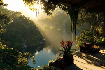 Lush Rainforest Canopy at Golden Hour, vibrant greens, intricate foliage, expansive view, serene atmosphere, nature's tranquility