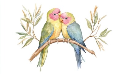 Fototapeta premium Two colorful parakeets perched closely on a branch surrounded by leaves, symbolizing love and companionship
