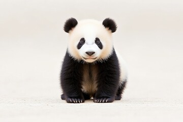 Fototapeta premium Adorable baby panda sitting on a smooth surface, with a soft background suggesting a peaceful environment