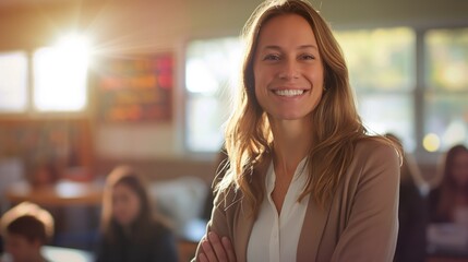 A female teacher stands confidently in her classroom, smiling at her students who are actively participating. Sunlight streams in, creating a vibrant and positive learning environment