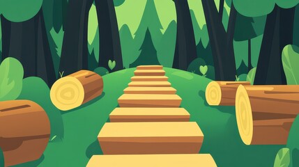 A serene forest pathway lined with wooden logs, leading into vibrant greenery and trees