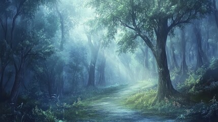 Fototapeta premium Mystical forest path winding through misty, sun-dappled trees.