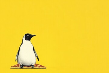 Obraz premium Penguin standing on pizza with yellow background