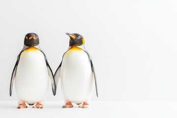 Fototapeta premium Two adorable penguin figurines standing side by side on a minimalist white background, perfect for decor