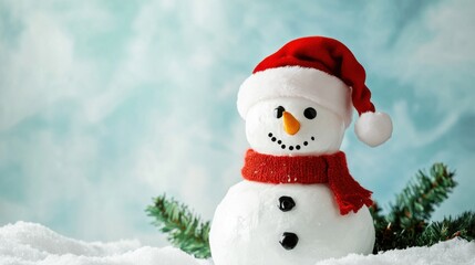Fototapeta premium Santa hat on a snowman with creative accessories. Featuring a whimsical snowman with a Santa hat. Highlighting festive fun and holiday creativity. Ideal for Christmas themes.