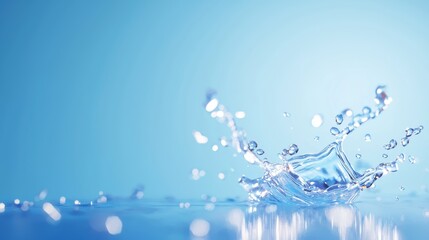 A serene image of water droplets splashing, creating ripples against a soft blue background, evoking calmness and freshness.