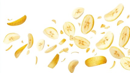 Slices of banana scattered against a white background, showcasing freshness and texture.