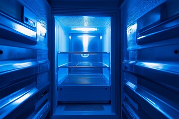 Fototapeta premium Interior of an illuminated refrigerator showcasing a blue ambiance and empty shelves