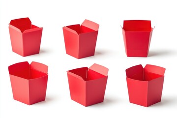 Fototapeta premium A collection of six red takeout containers arranged on a white background.