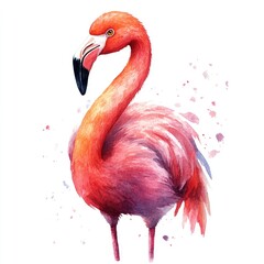 Obraz premium Vibrant pink flamingo standing elegantly against a colorful watercolor splash background, showcasing nature's beauty