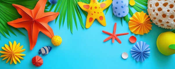 Obraz premium Colorful paper ocean creatures and beach accessories on blue background