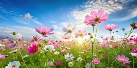 A serene and peaceful field of cosmos flowers swaying gently in the breeze with a soft blue sky above and lush green grass below, cosmos flower field, nature landscape
