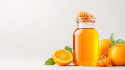 Fresh fruit and honey jars with honey dipper. Generative AI