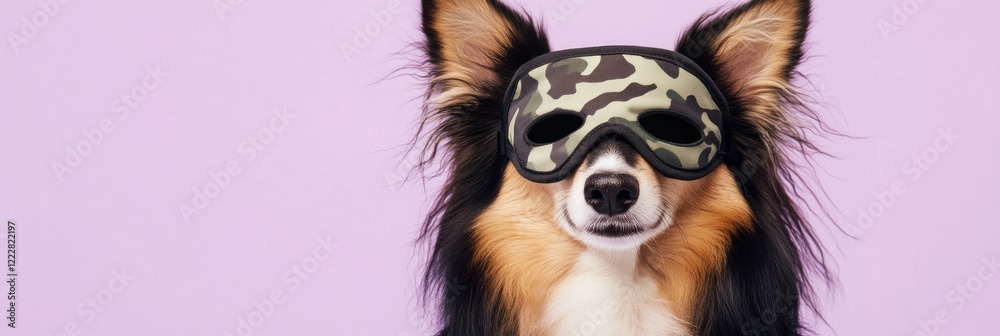 Wall mural A dog wearing a camouflage sleep mask against a pastel purple background.