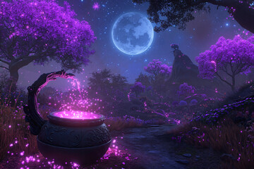 Obraz premium Magical cauldron glowing under moonlight in enchanting forest
